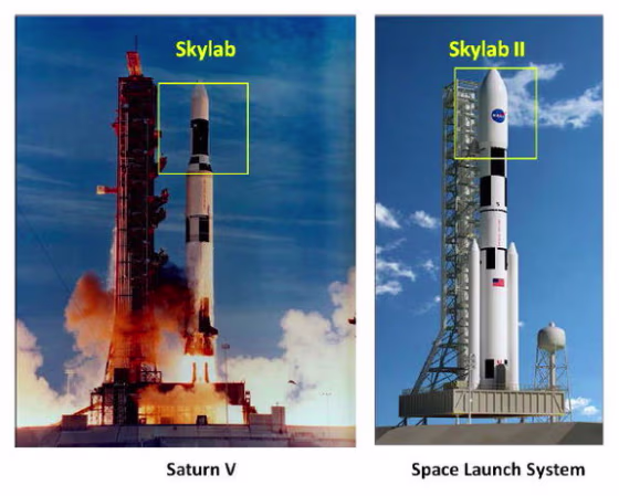 The original Skylab space station (left) launched atop a Saturn V moon rocket. Skylab II (right) would blast off atop NASA's Space Launch System.