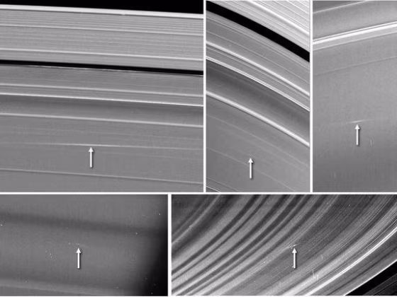 Scientists using the Cassini spacecraft in orbit around Saturn have found that plumes of dust (identified with the arrows in the photo) seen in 2009 were caused by meteoroids impacting the planet's distinctive rings.