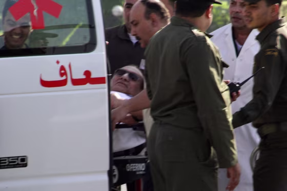 Former Egyptian president Hosni Mubarak arrives at the military hospital in Maadi, Cairo, on Thursday.