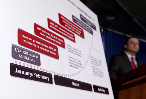 A chart is seen as Preet Bharara, U.S. Attorney for the Southern District of New York, speaks during a news conference announcing the unsealing of cha...