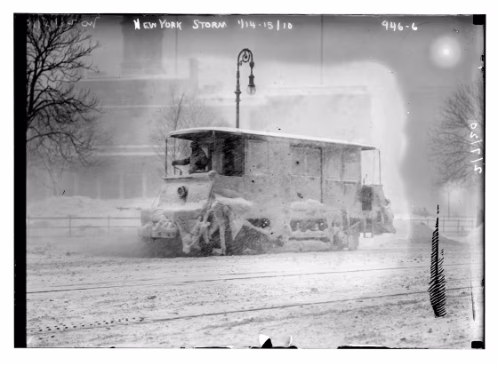 Snow plow during storm, New York City, January 1910