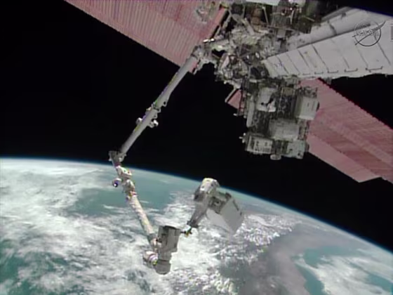 NASA spacewalker Mike Hopkins steadies a replacement coolant pump module at the end of the International Space Station's robotic arm on Tuesday.
