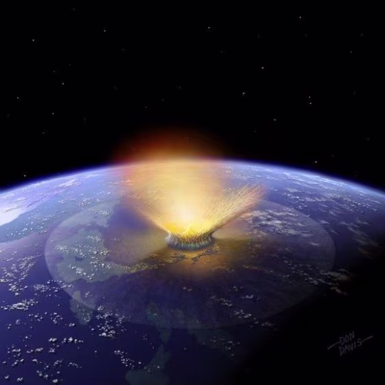 An artist's impression of a 6-mile-wide asteroid striking the Earth. Scientists now have fresh evidence that such a cosmic impact ended the age of dinosaurs near what is now the town of Chixculub in Mexico.