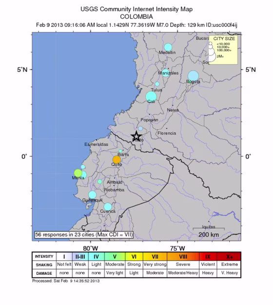 An intensity map shows the location of a strong 7-magnitude earthquake that struck southwestern Colombia.