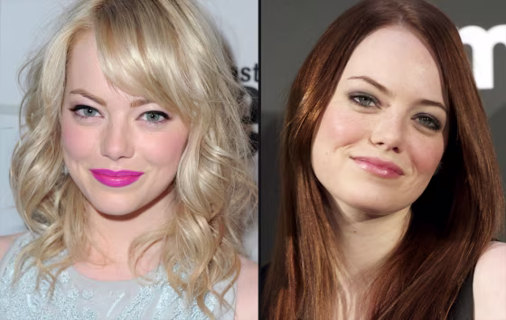 Emma Stone as a blonde in April, left, and as a redhead last October. She's gone red again.