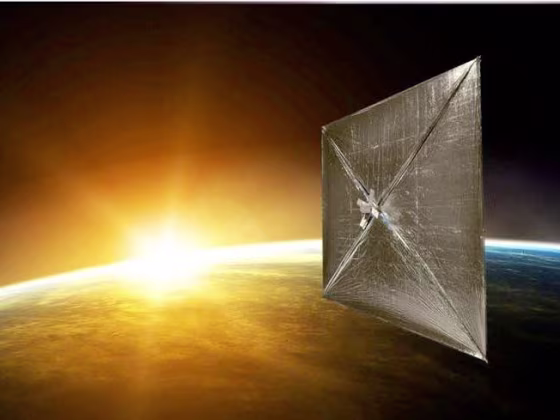 An artist's conception shows the Sunjammer solar sail deployed in orbit.