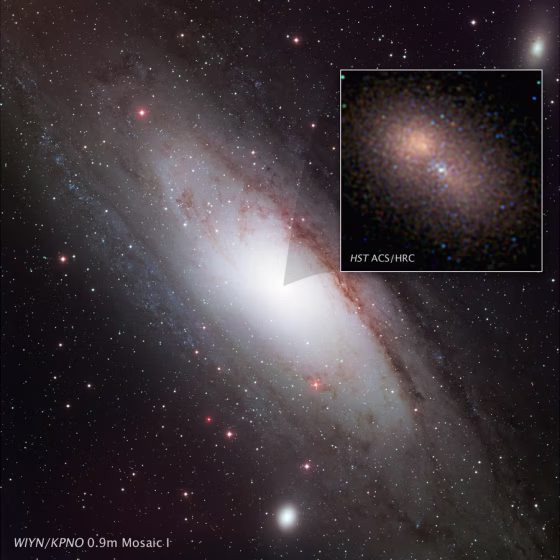 A new Hubble Space Telescope image centers on the 100-million-solar-mass black hole at the hub of the neighboring spiral galaxy M31, or the Andromeda Galaxy, one of the few galaxies outside the Milky Way visible to the naked eye and the only other giant galaxy in the Local Group. This is the sharpest visible-light image ever made of the nucleus of an external galaxy.