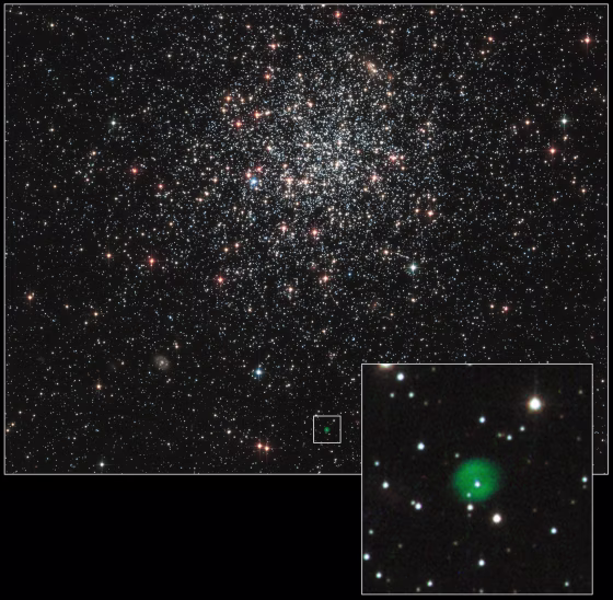 A picture from Hubble's Advanced Camera for Surveys, captured in 2006, shows the globular cluster NGC 1846. The inset photo focuses in on the planetary nebula at the edge of the picture. Distant background galaxies can be seen scattered throughout the image.