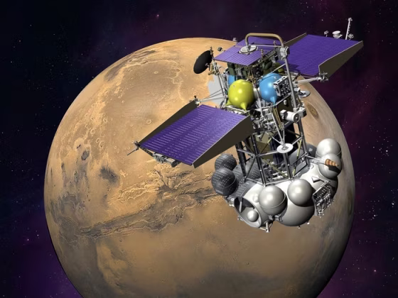 An artist's conception shows the Phobos-Grunt probe orbiting Mars. The spacecraft, which was designed to land on the Martian moon Phobos, has been stuck in Earth orbit since its launch on Nov. 9.