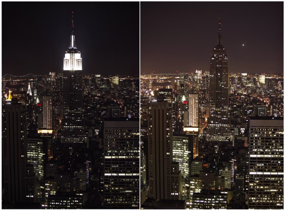 Photos show the Empire State Building before and during Earth Hour in New York on March 27, 2010. Countries around the world have signed up for Earth Hour from 8:30 to 9:30 p.m. local time Saturday, during which homes, office towers and landmarks will turn off their lights to raise awareness about climate change. Click on the image to see an Earth Hour slideshow.