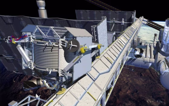 An artist's conception shows the Alpha Magnetic Spectrometer on the left, installed on one of the International Space Station's truss sections. The device is to be brought up on the shuttle Endeavour.
