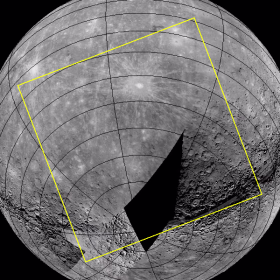 The yellow square on this mosaic image shows the planned footprint for the first image to be acquired by a spacecraft orbiting Mercury. The dark area represents a region of the planet that has not previously been seen by spacecraft.