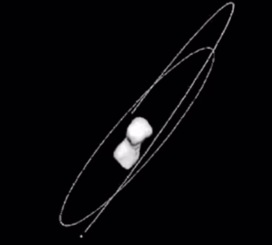This image shows orbital tracks for Alexhelios and Cleoselene, the two tiny moons that circle the bone-shaped asteroid Kleopatra.