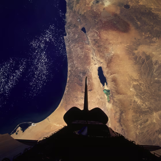 Israel, the West Bank and the Dead Sea are at center stage in this picture taken from the shuttle Atlantis during its flight to Russia's Mir space station in 1996.
