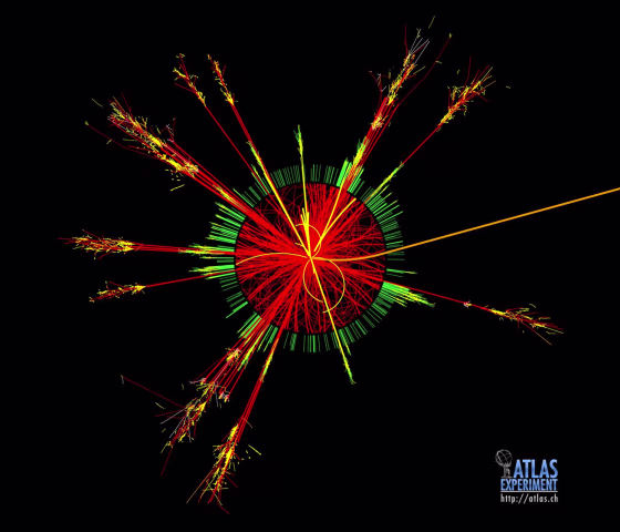This track is an example of simulated data modeled for the ATLAS detector on the Large Hadron Collider. These tracks would be produced if a miniature black hole was created in a proton-proton collision.
