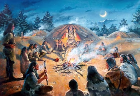 Paleoindians like the ones shown in this painting migrated into North America during the Pleistocene Ice Age.