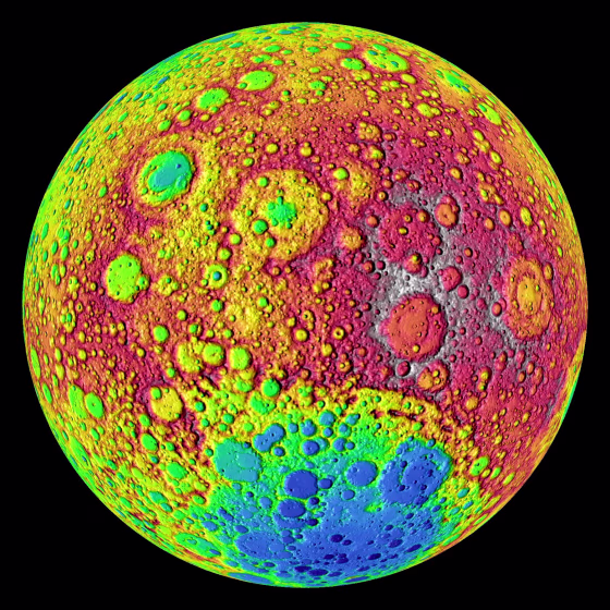 The Lunar Reconnaissance Orbiter's LOLA laser altimeter produced this color-coded image of elevations on the far side of the moon. The highest elevations, above 20,000 feet, are shown in red. The lowest elevations are shown in blue.