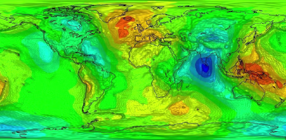 GOCE's map shows how density variations affect Earth's gravitational field, ranging from low density (blue) to high (red).