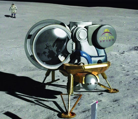 An artist's conception from the Golden Spike Company shows a lunar lander in the foreground, and a moonwalking astronaut in the background.