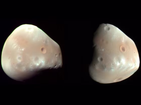 These color-enhanced views of Deimos, the smaller of the two moons of Mars, were taken on Feb. 21, 2009, by the High Resolution Imaging Science Experiment (HiRISE) camera on NASA's Mars Reconnaissance Orbiter. Deimos is about 7.5 miles in diameter. Deimos has a smooth surface due to a blanket of fragmental rock or regolith, except for the most recent impact craters. It is a dark, reddish object, very similar to Mars' other moon, Phobos.