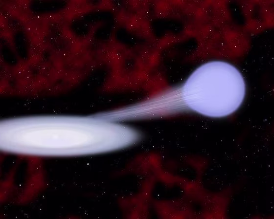 This artist's conception shows the suspected progenitor of a new kind of mini-supernova called Type Iax. Material from a hot, blue helium star at right is funneling toward a carbon/oxygen white dwarf star at left, which is embedded in an accretion disk. In many cases the white dwarf survives the subsequent explosion.