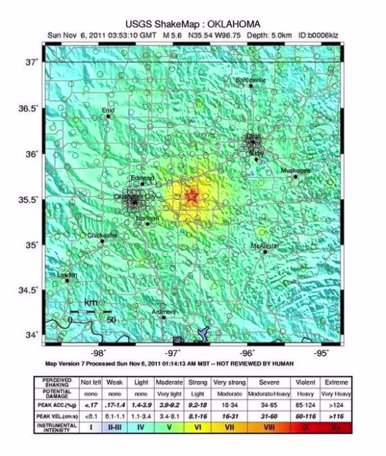 This map shows the shaking intensity from the magnitude 5.6 earthquake that hit Oklahoma on Nov. 6, 2011.