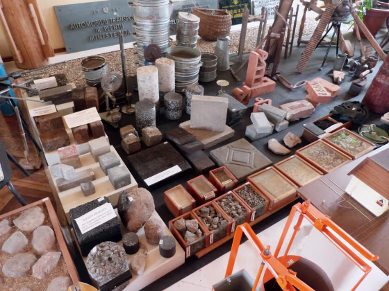 Road-making material samples at the Lithuanian Road Museum.