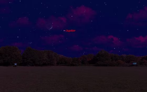 This sky map shows the location of Jupiter and the moon in the northwest evening sky on Sunday at 9 p.m. local time for observers in midnorthern latitudes.