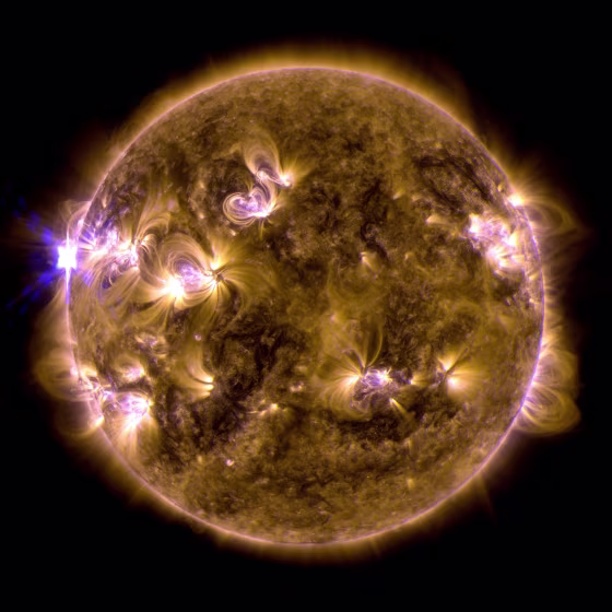 The sun erupted with an X1.7-class solar flare on May 12, 2013. The flare appears as the bright point on the left of the sun in this full disk view NASA's Solar Dynamics Observatory. It is a blend of two images of the sun recorded at different wavelengths of light.