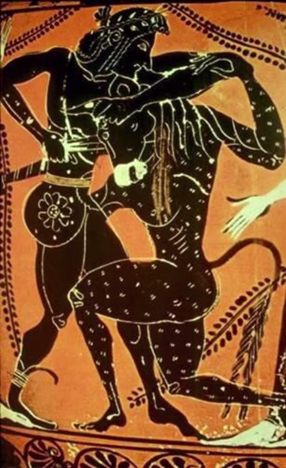 The Greek hero Theseus slays the minotaur in this 6th-century depiction on pottery. Nowadays, the Minoans may be most famous for the myth of the minotaur, a half-man, half-bull that was fabled to have lived within a labyrinth in Crete.