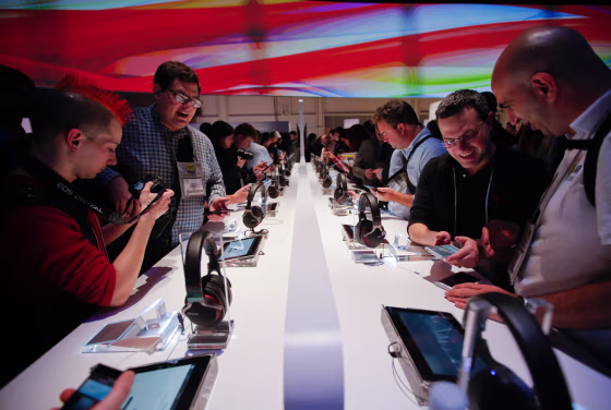 People check out Sony's new Xperia Z smartphones after a news conference at the International Consumer Electronics Show in Las Vegas, Monday, Jan. 7, ...