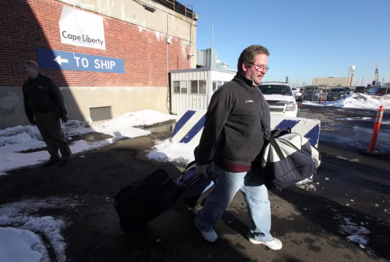 Wednesday, Jan. 29, 2014, in Bayonne, NJ (John Makely / NBC News) Dave Panebianco leaves the terminal with his wife Danielle. They both got sick, he ...