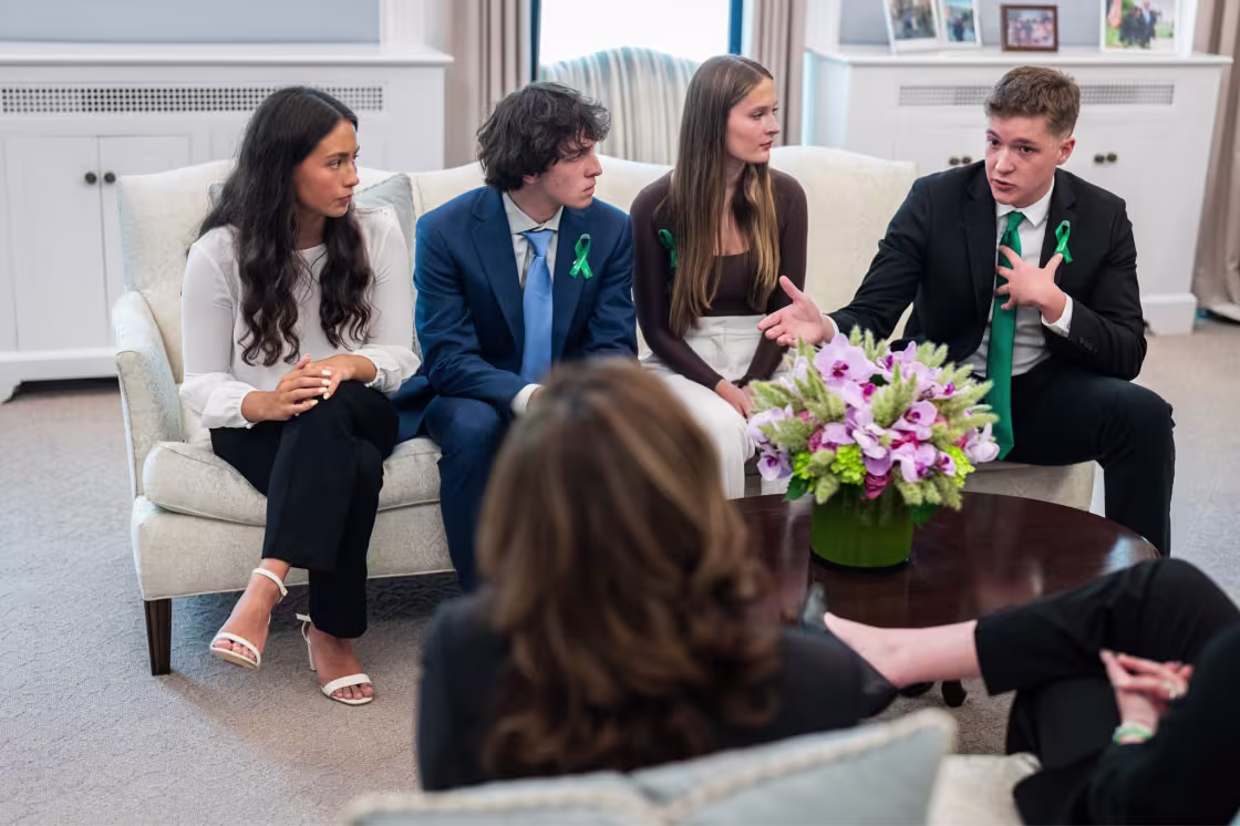 From left, Grace Fischer, Henry Terifay, Lilly Wasilnak and Matt Holden during their meeting with Harris.