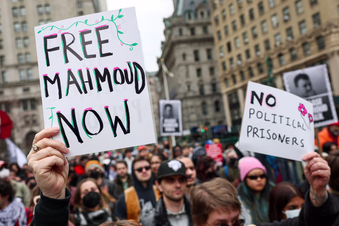 People protest the arrest and detention of Mahmoud Khalil