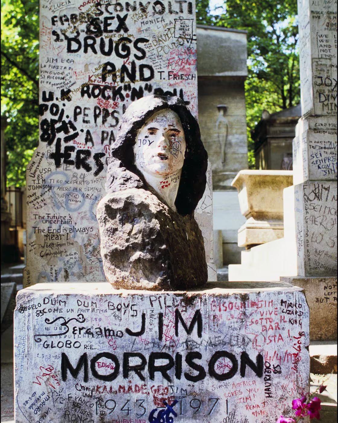The bust at Jim Morrison's gravesite in Paris, 1985.