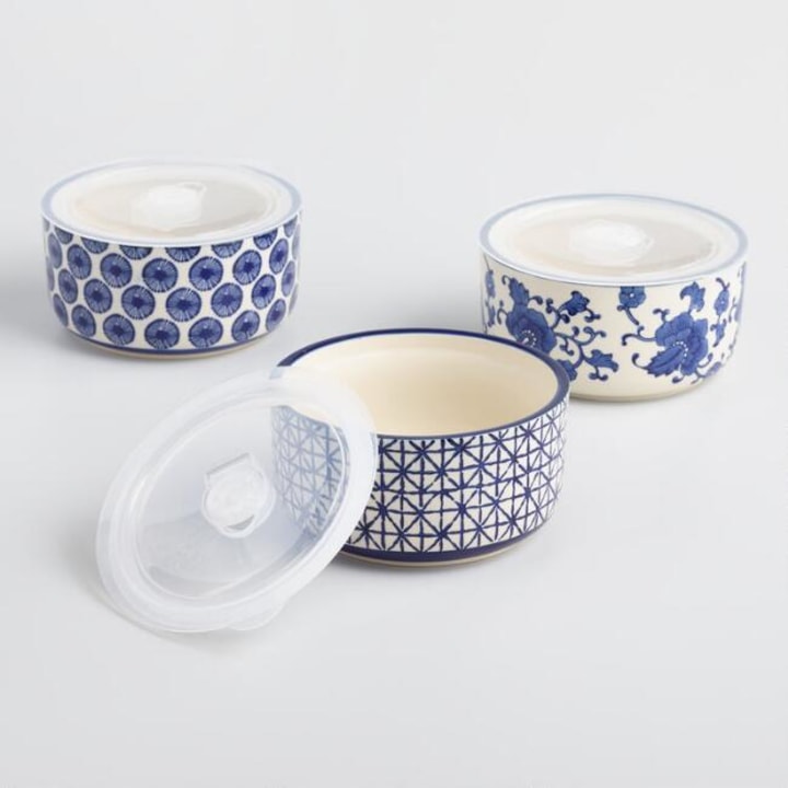 Large Indigo Blue Ceramic Storage Bowls Set Of 3