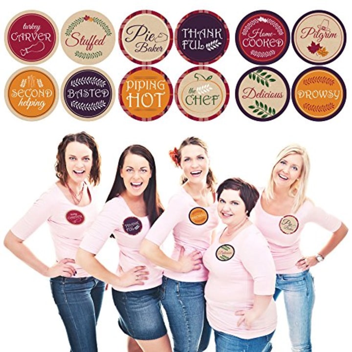 Friends Thanksgiving Feast - Friendsgiving Party Funny Name Tags - Party Badges Sticker Set of 12 (Amazon)