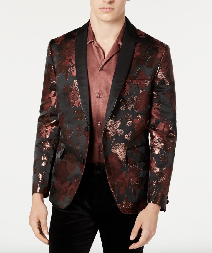 Men's Slim-Fit Rust Jacquard Floral Blazer