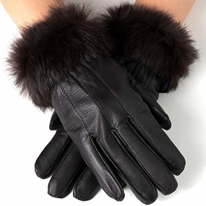 Alpine Swiss Women&#039;s Leather Dressy Gloves Rabbit Fur Trim Thermal Lined BRN M (Amazon)