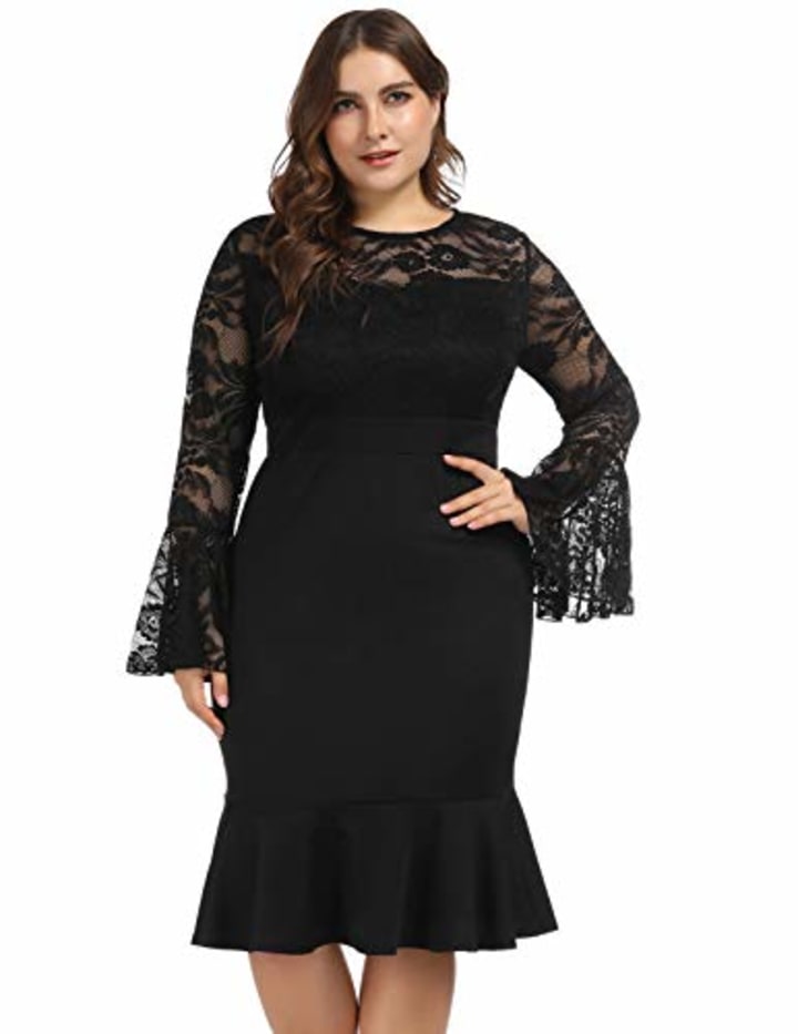 Women&#039;s Long Bell Sleeves O-Neckline Lace Top Plus Size Cocktail Party Mermaid Dress 18W Black