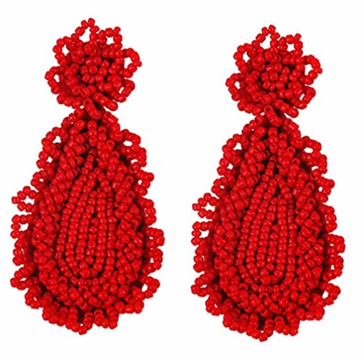 Teardrop Statement Earrings Beaded Boho Earrings Bohemian Dangle Drop Earrings for Women Fashion Gift for Mom Girlfriend Red