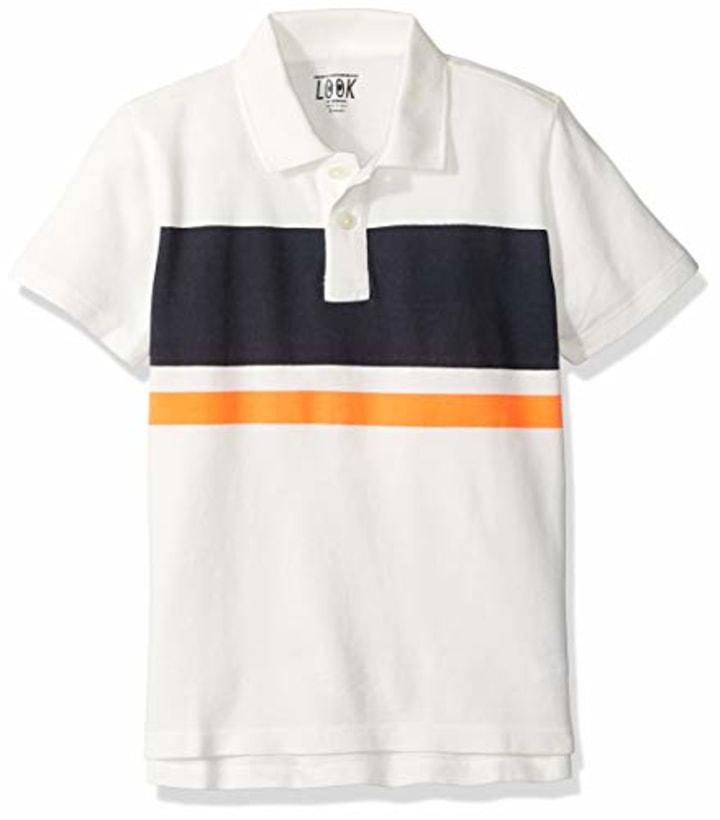 LOOK by Crewcuts Boys&#039; Short Sleeve Polo, Ivory/ Navy stripe, X-Small (4/5)