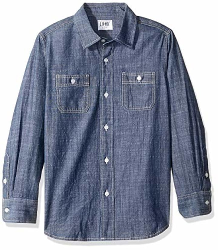 LOOK by Crewcuts Boys&#039; Long Sleeve Chambray Shirt, Medium wash Blue, Medium (8)