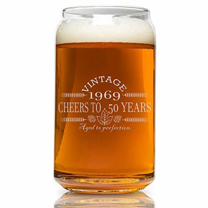 50th Birthday- Vintage 1969 Beer Can Glass- Engraved-Vintage-Cheers-Aged To Perfection-Birthday Gift-Etched Beer Glass-Barware (1969 50th Vintage)