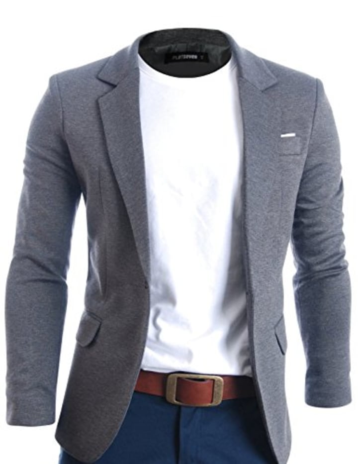 FLATSEVEN Mens Slim Fit Casual Premium Blazer Jacket (BJ102) Grey, M