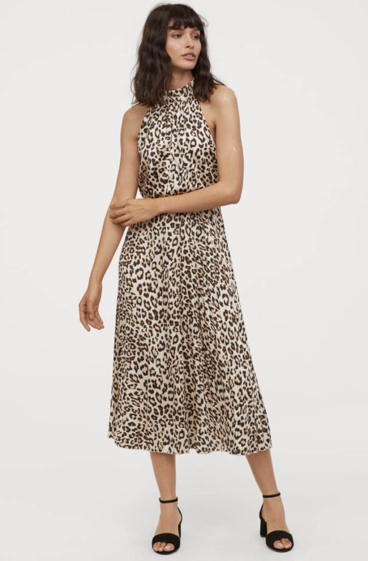 Satin Leopard Halter Neck Dress
