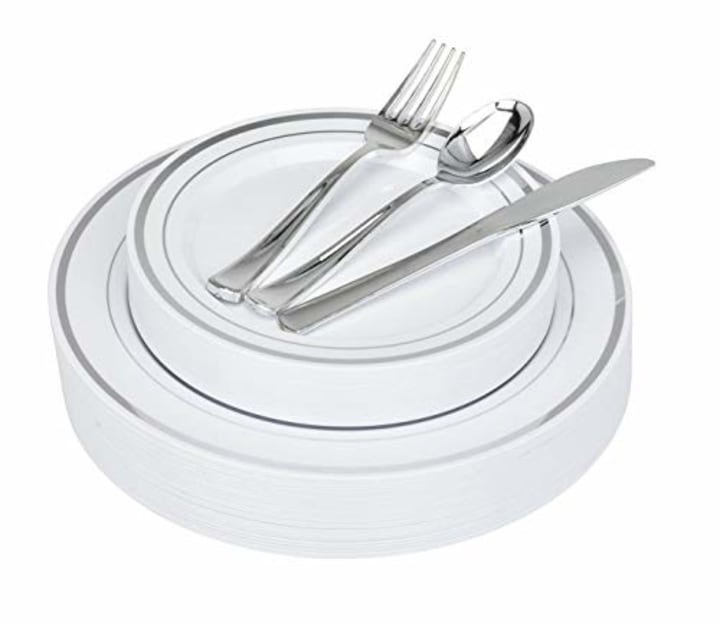 125 Piece Elegant Disposable Silver Rimmed Plates with Silver Plastic Cutlery - 25 Plastic Dinner Plates, 25 Plastic Appetizer Plates, 25 Silver Forks, 25 Silver Spoons, 25 Silver Knives (Silver Rim)