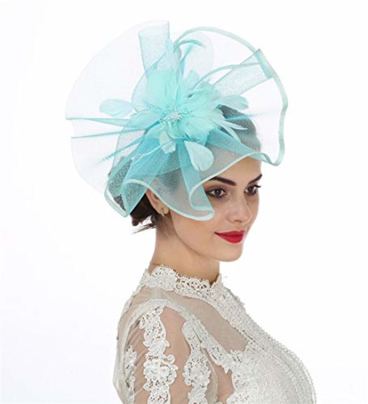 SAFERIN Fascinator Hat Feather Mesh Net Veil Tea Garden Party Hat Flower Derby Hat with Clip and Hairband for Women (TA1-Sky Blue)