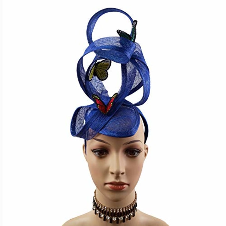 Embroidery Butterfly Ribbon Curl Exotic Sinamay Fascinator Headband Hats Derby Racing Hat (Royal Blue)