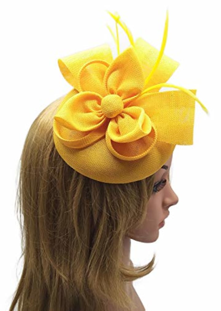 Biruil Women&#039;s Fascinator Hat Imitation Sinamay Feather Tea Party Pillbox Flower Derby (ZA Yellow)